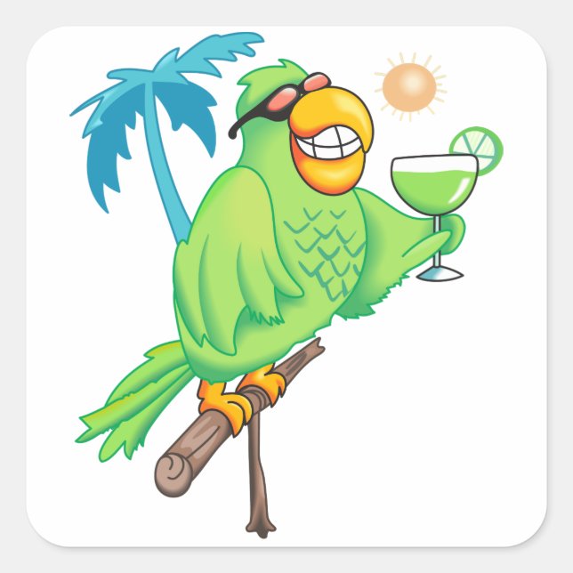 Papagei mit Cocktail Quadratischer Aufkleber (Vorderseite)