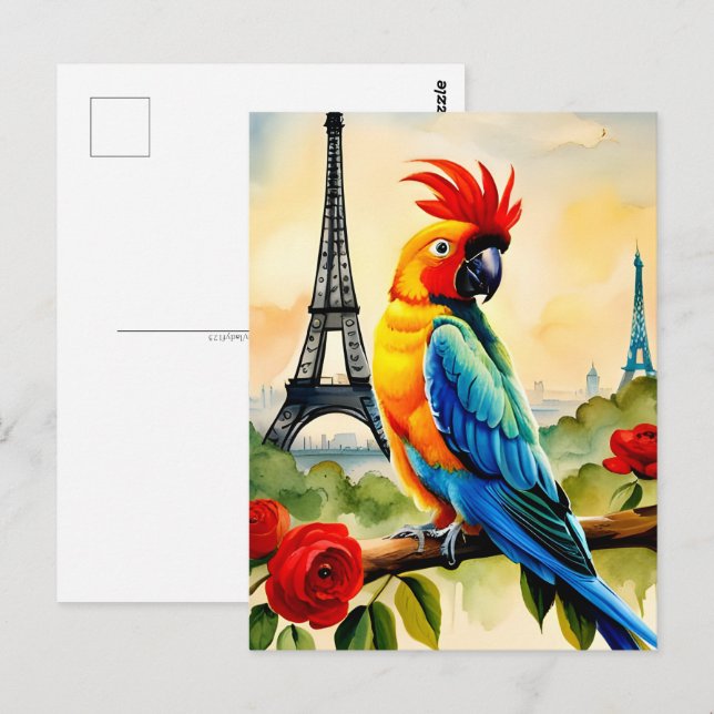 Papagei mit Eiffelturm, Postüberquerung Postkarte (Vorne/Hinten)