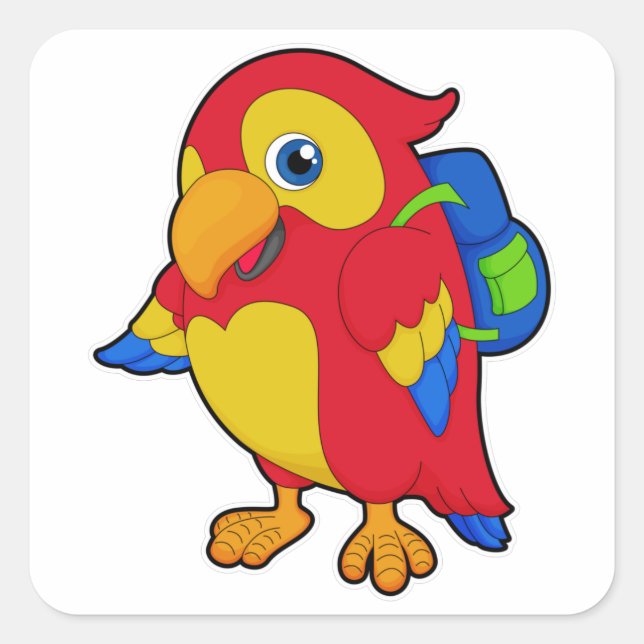 Papagei mit Rucksack Quadratischer Aufkleber (Vorderseite)