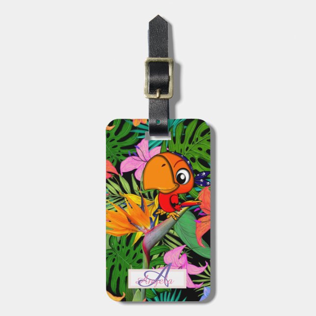 Papagei, Palm-Blätter, Caudata Monogramm Personali Gepäckanhänger (Vorderseite vertikal)