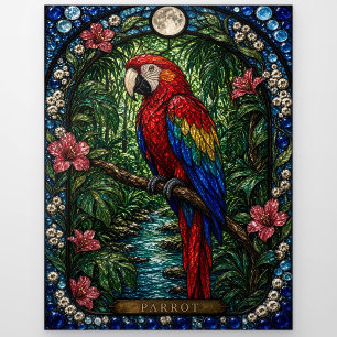 Papagei, Regenwaldblüte Buntglas Postkarte
