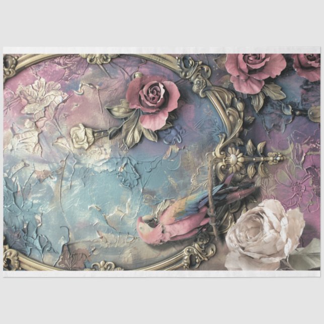 Papagei, Shabby Chic, Ziervogel und Blumenstrauß Seidenpapier (Vorderseite)
