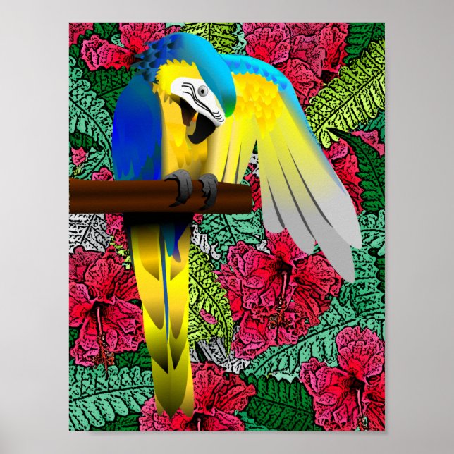 Papagei und Hibiskus hawaiianisches Druckdesign Poster (Vorne)