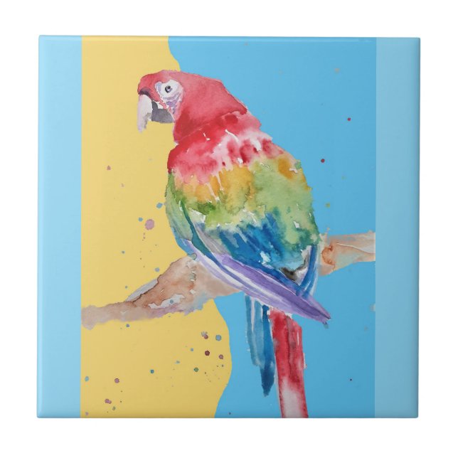 Papagei Watercolor Pink Yellow Baby Blue Maca Fliese (Vorderseite)