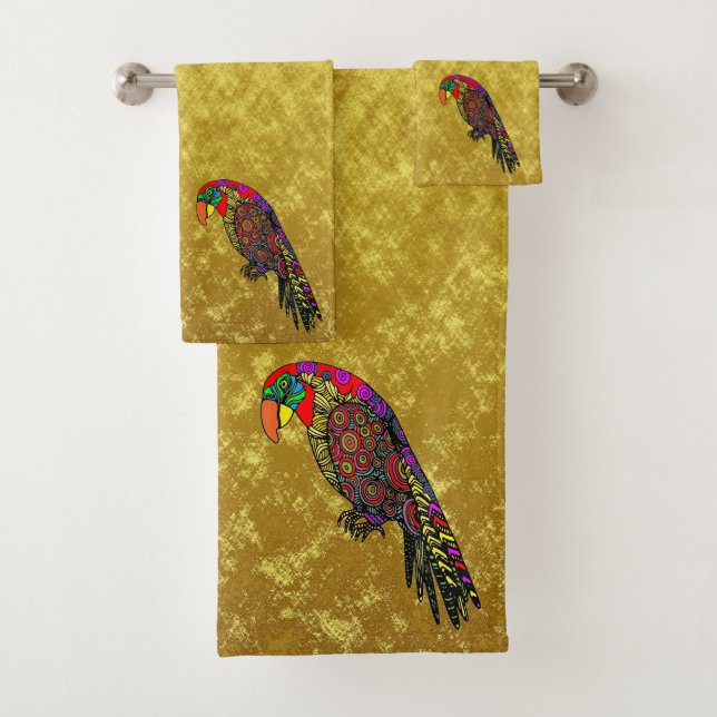 Papageien in gelb-grün-blauer Goldfolie Badhandtuch Set (Insitu)