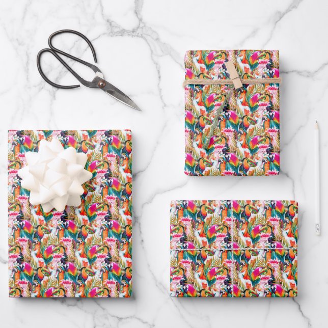 Papageien & Palm-Blätter Geschenkpapier Set (Vorderseite)