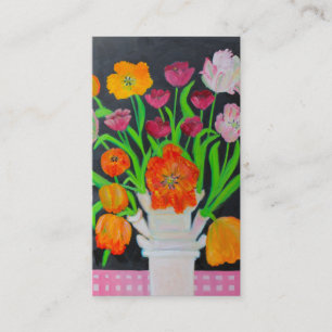 Papageien-Tulpen in Tulipiere auf rosa Tischdecke Visitenkarte