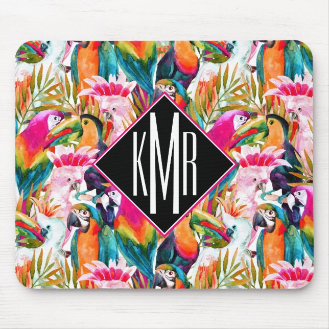 Papageien u. Monogramm der Palmblatt-| Mousepad (Vorne)