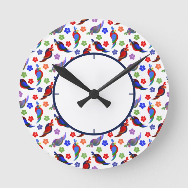 Papageien und Blume Runde Wanduhr (Vorderseite)