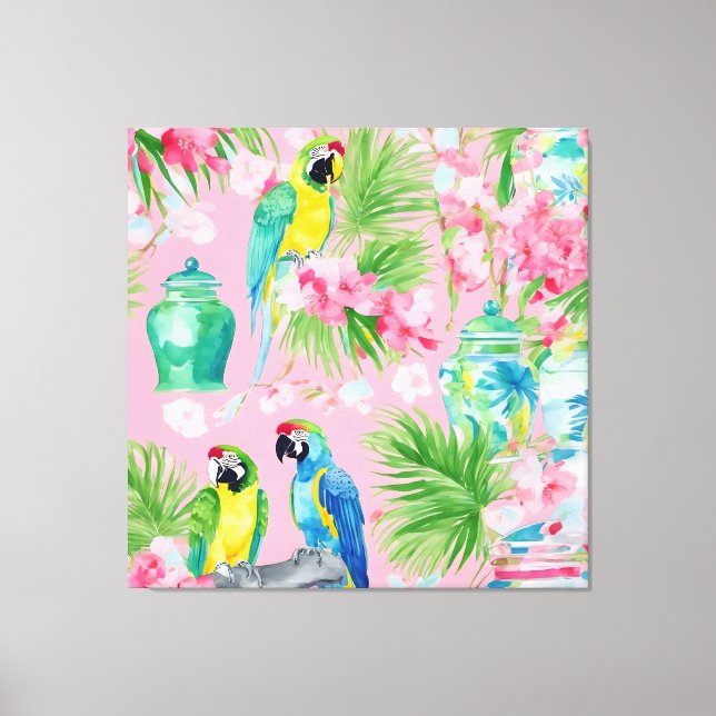 Papageien und Chinoiserie-Gläser auf weichem Rosa Leinwanddruck (Vorderseite)