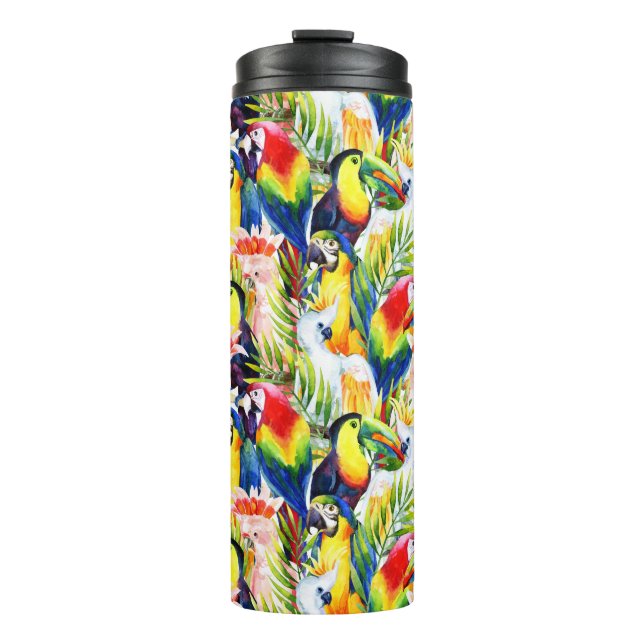 Papageien und Palmblätter Thermosbecher (Vorderseite)