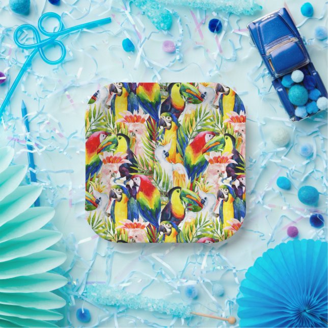 Papageien und Palmen-Blätter Pappteller (Party)