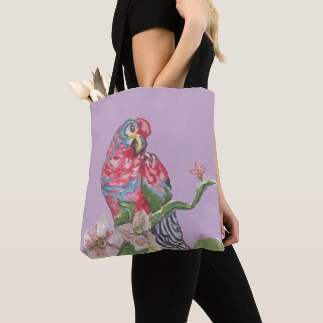 Papageienmalerei Lila Totbeutel Tasche (Von Nahem)