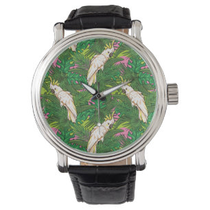Papageienmuster mit Blätter aus Palm Armbanduhr