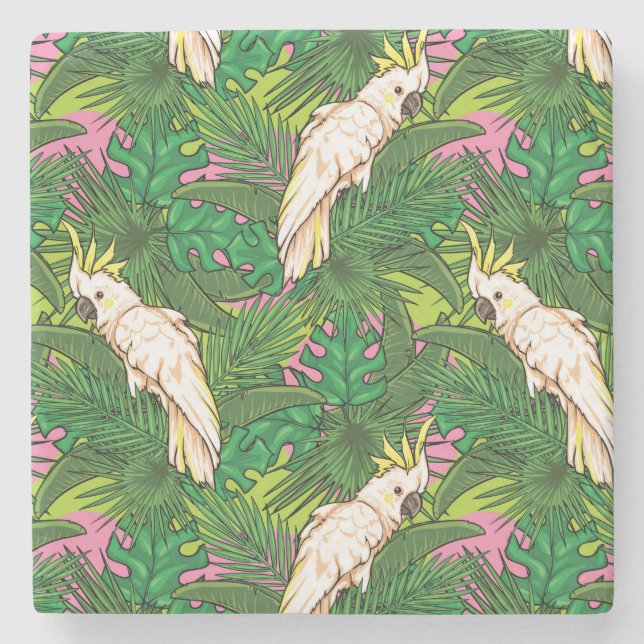 Papageienmuster mit Blätter aus Palm Steinuntersetzer (Vorderseite)