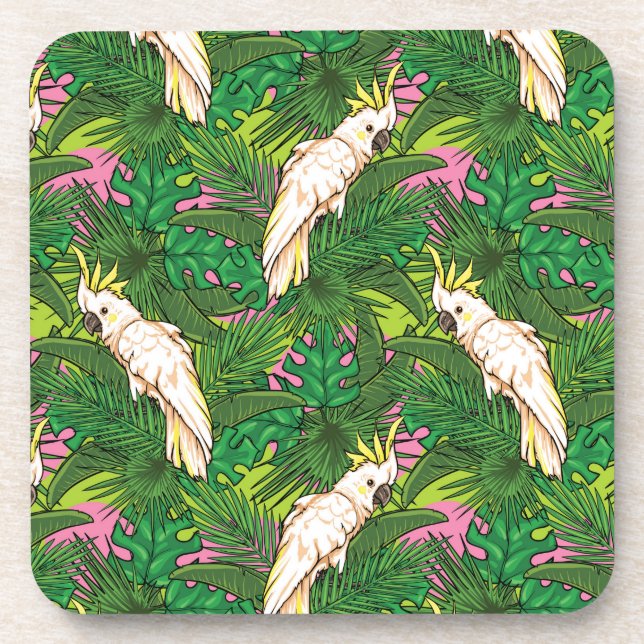 Papageienmuster mit Blätter aus Palm Untersetzer (Vorderseite)