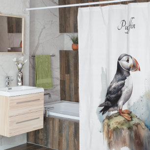 Papageientaucher auf einem Felsen Aquarell, indivi Duschvorhang