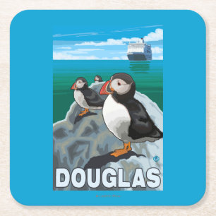 Papageientaucher u. Kreuzschiff - Douglas, Alaska Rechteckiger Pappuntersetzer