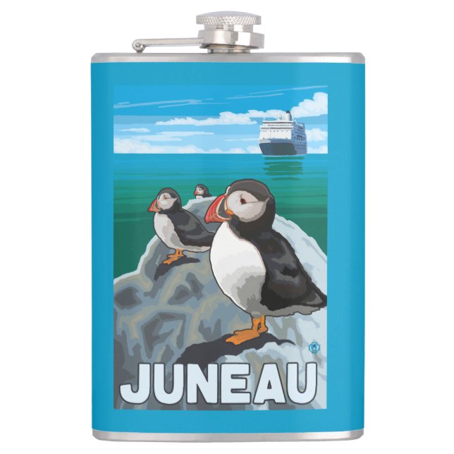 Papageientaucher u. Kreuzschiff - Juneau, Alaska Flachmann (Vorderseite)