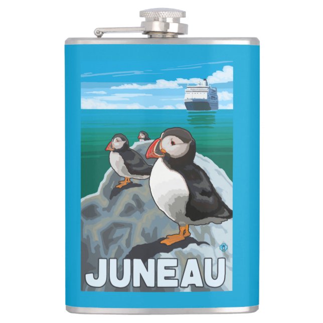 Papageientaucher u. Kreuzschiff - Juneau, Alaska Flachmann (Vorderseite)