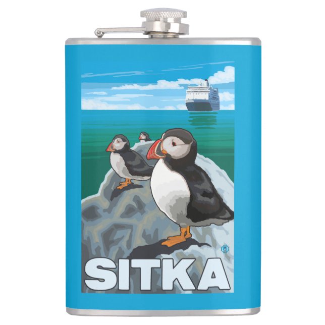 Papageientaucher u. Kreuzschiff - Sitka, Alaska Flachmann (Vorderseite)