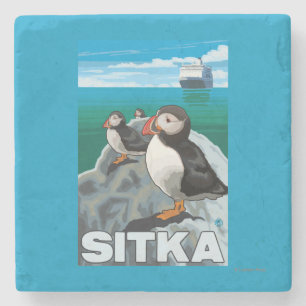 Papageientaucher u. Kreuzschiff - Sitka, Alaska Steinuntersetzer
