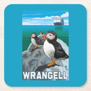 Papageientaucher u. Kreuzschiff - Wrangell, Alaska Rechteckiger Pappuntersetzer