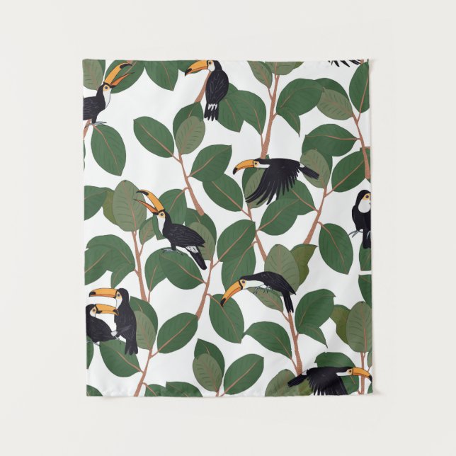 Papageienvogel mit Fikus-Palmen-Blätter nahtlos Wandteppich (Vorderseite)