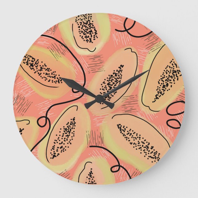 Papaya-Doodle-Muster Küche Obst Große Wanduhr (Vorderseite)