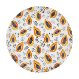 Papaya-Früchte: abstraktes Aquarellmuster. Schneidebrett