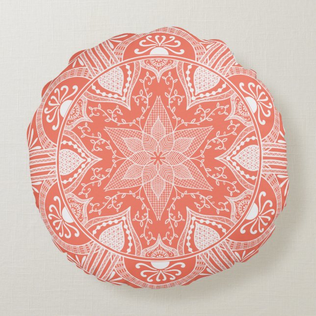 Papaya Mandala Rundes Kissen (Rückseite)
