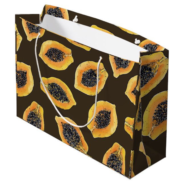 Papaya-Scheiben auf dunkelbraun Große Geschenktüte (Rückseite Schrägansicht)