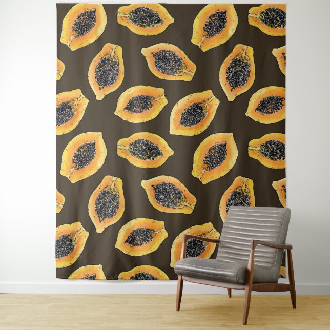 Papaya-Scheiben auf dunkelbraun Wandteppich (Beispiel)