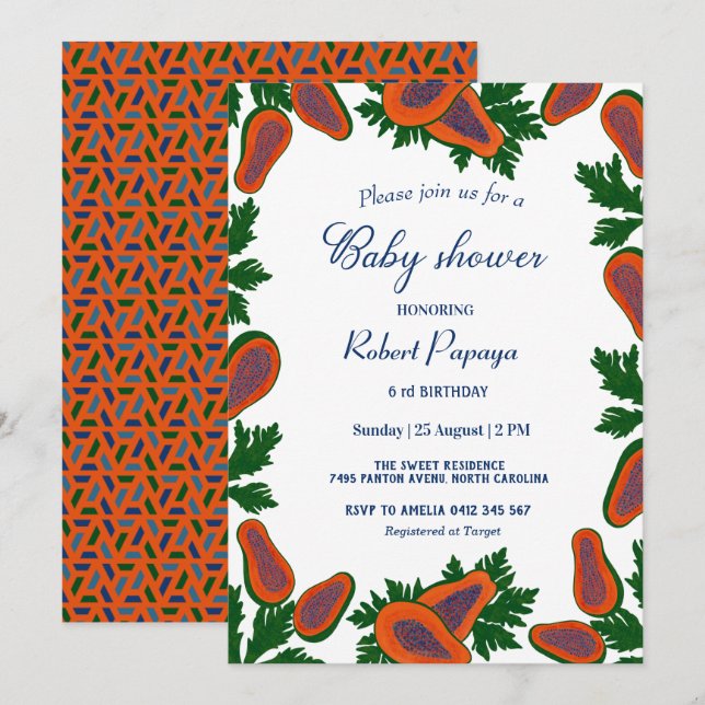 Papaya Sweet Fruit Fresh Summer Green Baby Dusche Einladung (Vorne/Hinten)