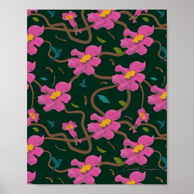 Papel diseño botanico flores colibri poster (Vorne)