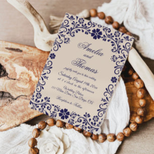 Papel Picado Beige Blau Hochzeit Mexiko Einladung