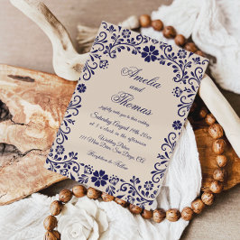 Papel Picado Beige Blue Mexican Wedding  Einladung