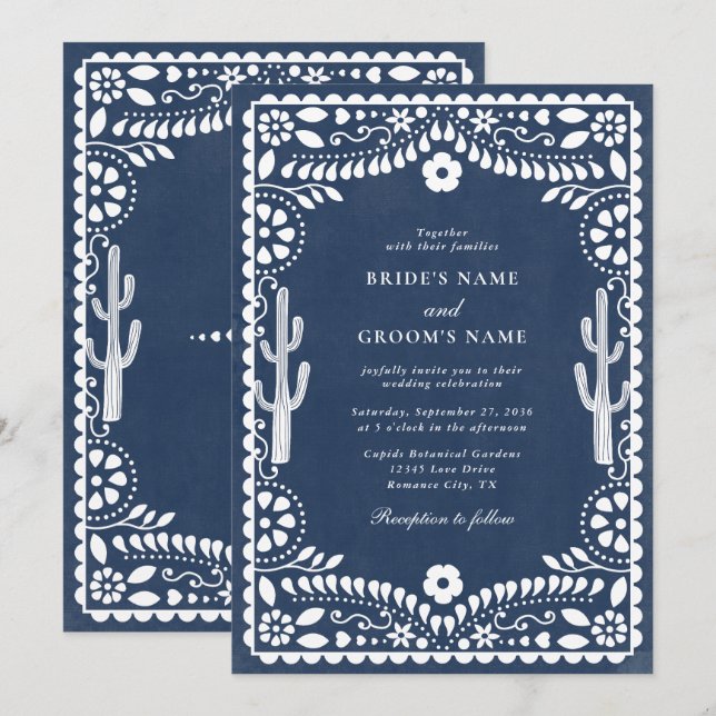 Papel Picado Boda Mexican Rustic Blue Wedding Einladung (Vorne/Hinten)