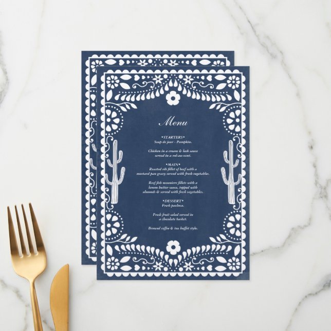Papel Picado Boda Mexican Rustic Blue Wedding Menükarte (Vorderseite/Rückseite Beispiel)