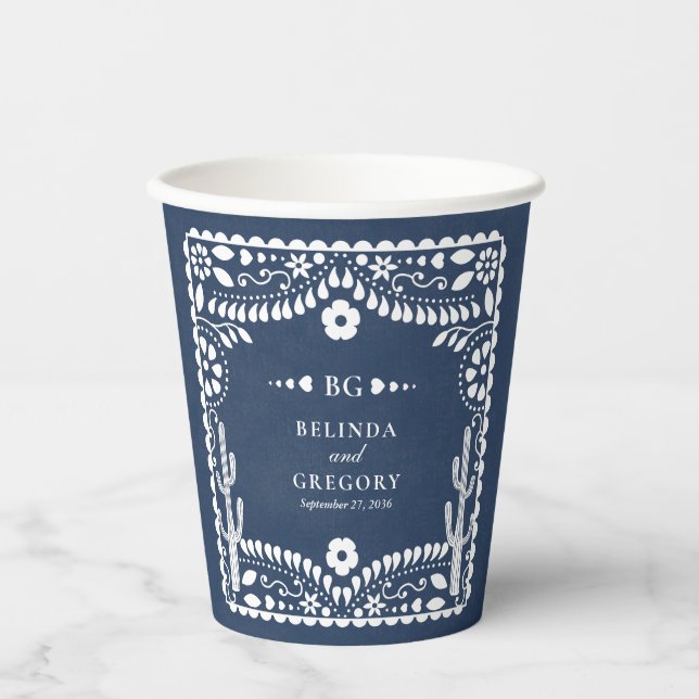 Papel Picado Boda Mexican Rustic Blue Wedding Pappbecher (Vorderseite)
