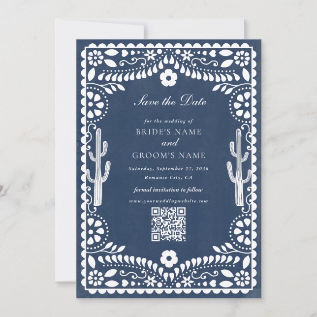 Papel Picado Boda Mexican Rustic Blue Wedding Save The Date (Vorderseite)