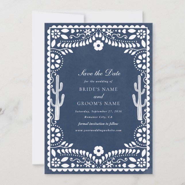 Papel Picado Boda Mexican Rustic Blue Wedding Save The Date (Vorderseite)
