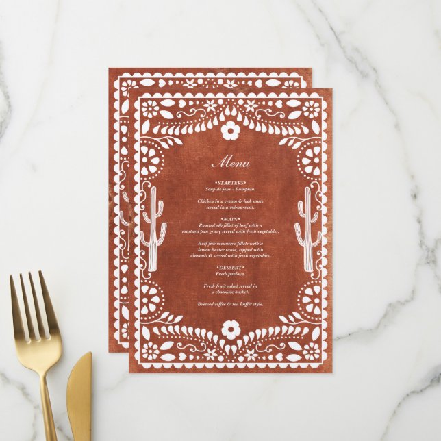Papel Picado Boda Mexican Terracotta Brown Wedding Menükarte (Vorderseite/Rückseite Beispiel)