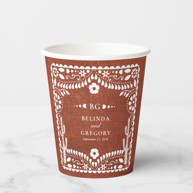 Papel Picado Boda Mexican Terracotta Brown Wedding Pappbecher (Vorderseite)