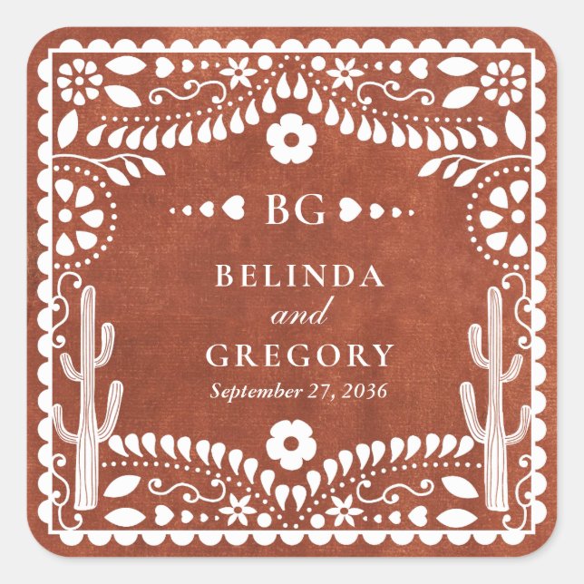 Papel Picado Boda Mexican Terracotta Brown Wedding Quadratischer Aufkleber (Vorderseite)