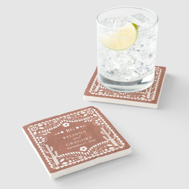 Papel Picado Boda Mexican Terracotta Brown Wedding Steinuntersetzer (Seitenansicht)