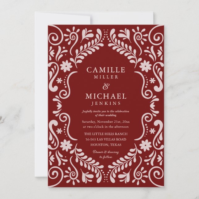 Papel Picado Burgundy Einladung zur Hochzeit in Me (Vorderseite)