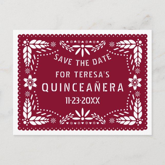 Papel picado burgundy QUINCEAÑERA Save the Date Ankündigungspostkarte (Vorderseite)