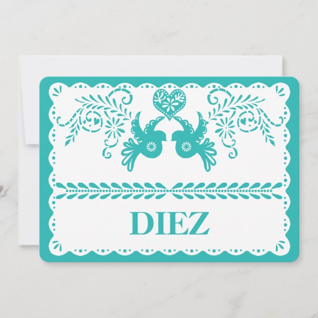 Papel Picado Diez Ten Tischnummer Aqua Fiesta (Vorderseite)