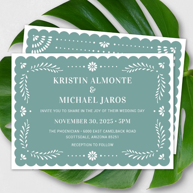 Papel Picado Faire-part de mariage mexicaine moder (Modern Papel Picado Wedding Invitation In Sage)